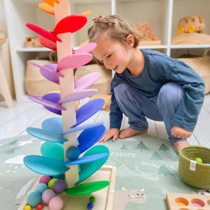 Interaktiver Regenbogen-Murmelturm – Buntes Lernspielzeug aus Holz für Kinder | Fördert Motorik & Spaß am Entdecken