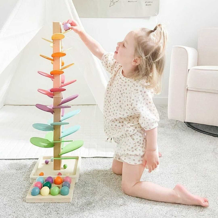 Interaktiver Regenbogen-Murmelturm – Buntes Lernspielzeug aus Holz für Kinder | Fördert Motorik & Spaß am Entdecken