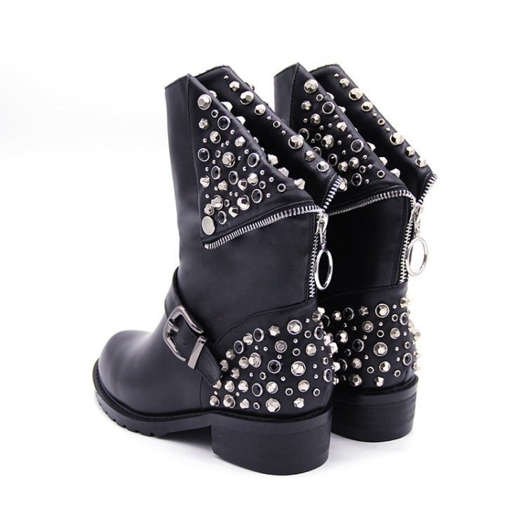 Schwarze Stiefel Für Damen Mit Silbernen Nieten | Bikerstiefel
