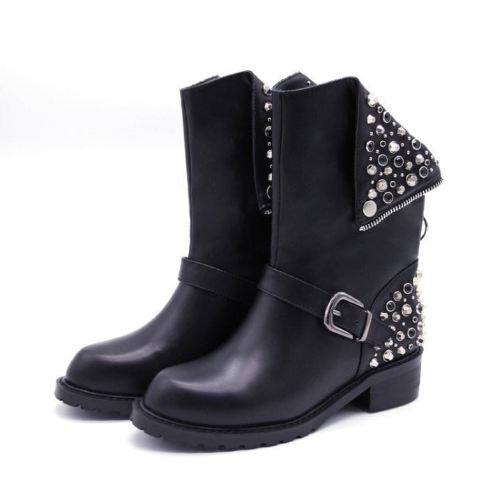 Schwarze Stiefel Für Damen Mit Silbernen Nieten | Bikerstiefel