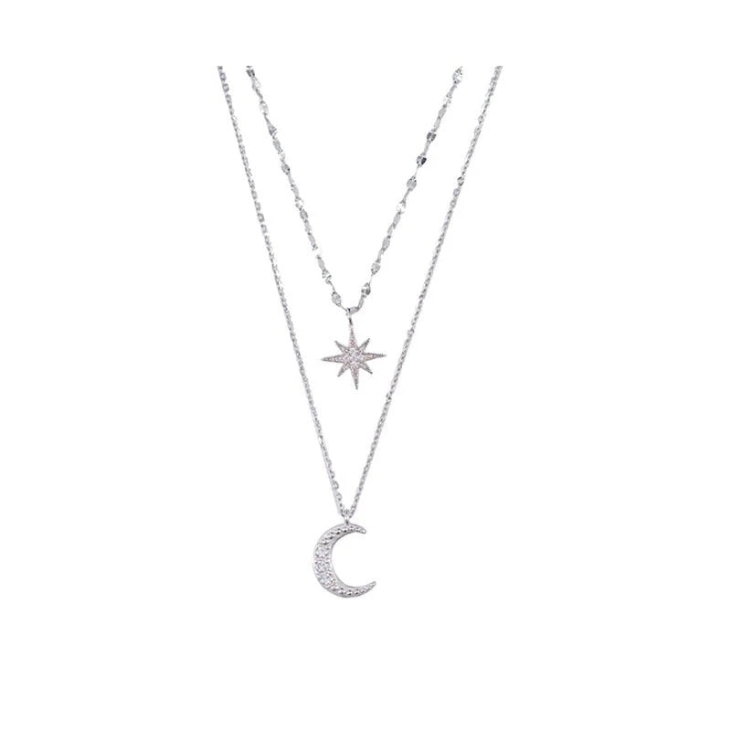 Doppelte Halskette mit Mond-Design – Elegantes Silber-Accessoire mit zartem Lichtschimmer | Stilvoll & Symbolisch für jeden Anlass