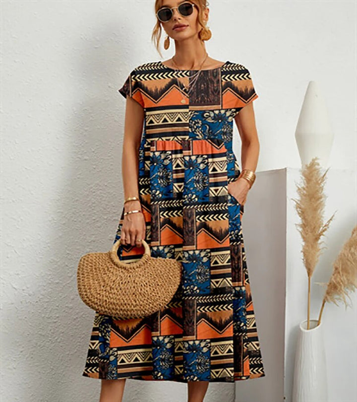 Bohème Kleid Mit Kurzen Ärmeln Für Frauen | Midi
