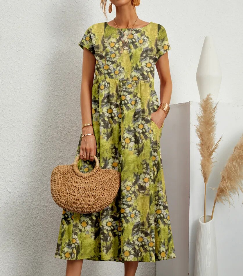 Bohème Kleid Mit Kurzen Ärmeln Für Frauen | Midi