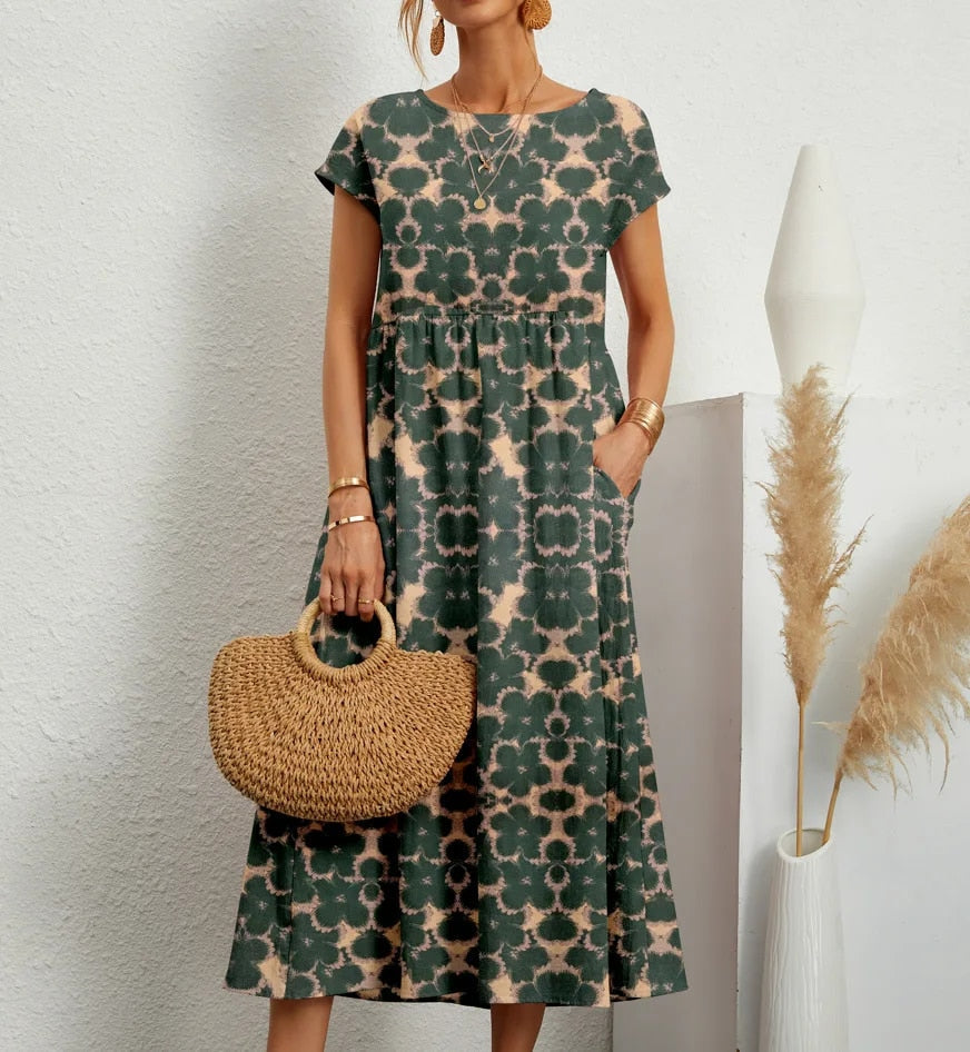 Bohème Kleid Mit Kurzen Ärmeln Für Frauen | Midi