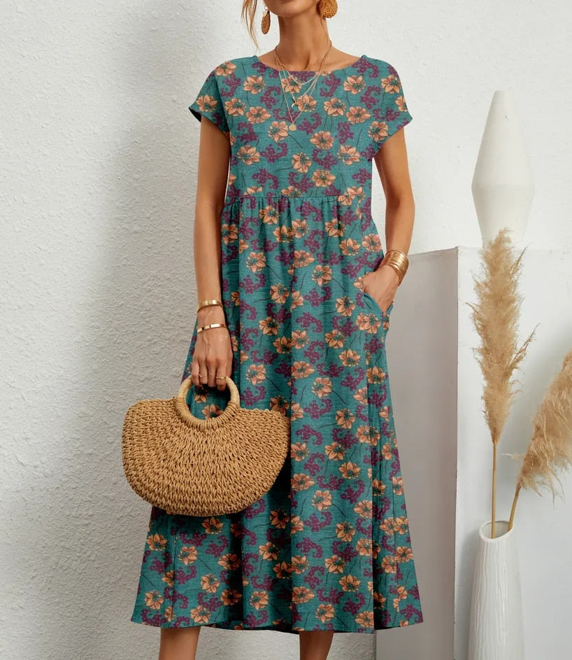 Bohème Kleid Mit Kurzen Ärmeln Für Frauen | Midi