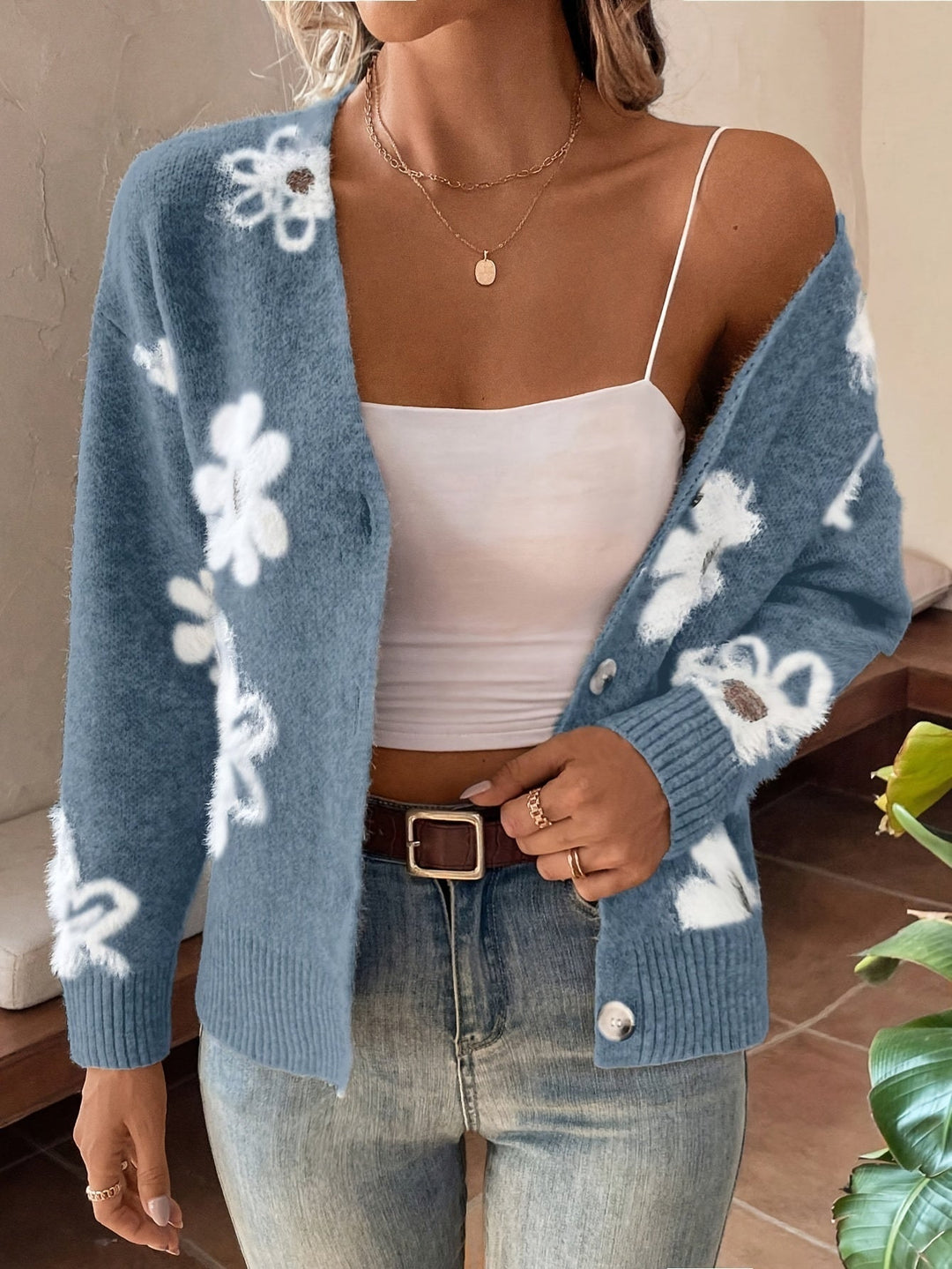 Damen-Cardigan Mit Blumenmuster Und Langen Ärmeln | V-Ausschnitt