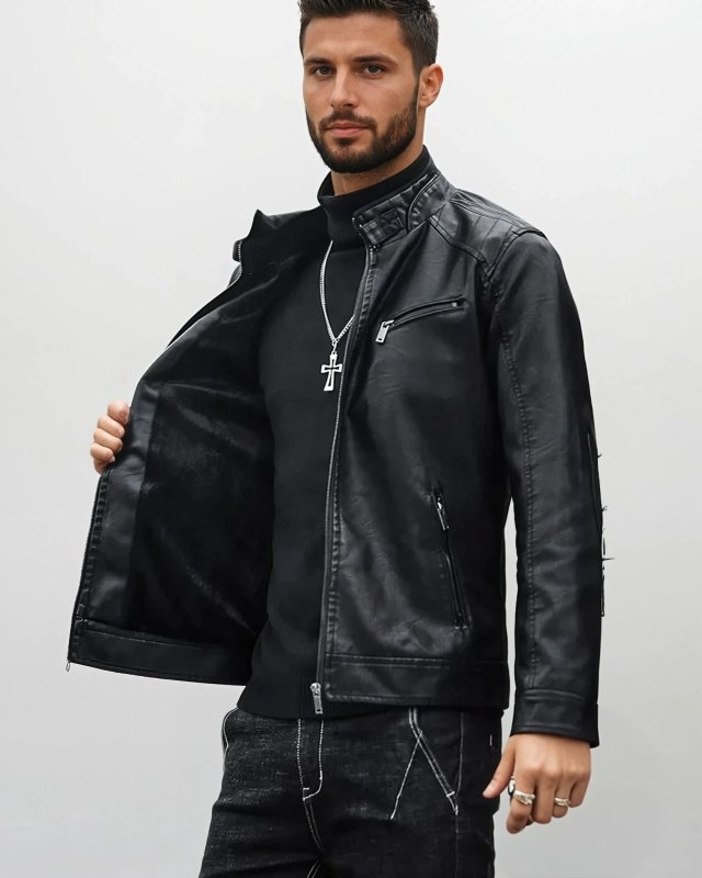 Leder-Motorradjacke Mit Reißverschlusstaschen Für Herren | Herbst
