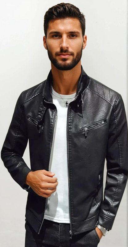 Leder-Motorradjacke Mit Reißverschlusstaschen Für Herren | Herbst