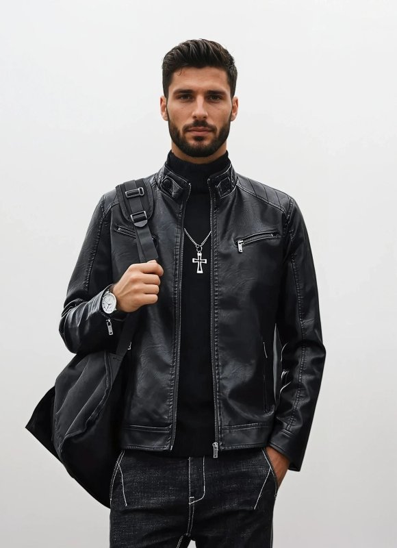 Leder-Motorradjacke Mit Reißverschlusstaschen Für Herren | Herbst