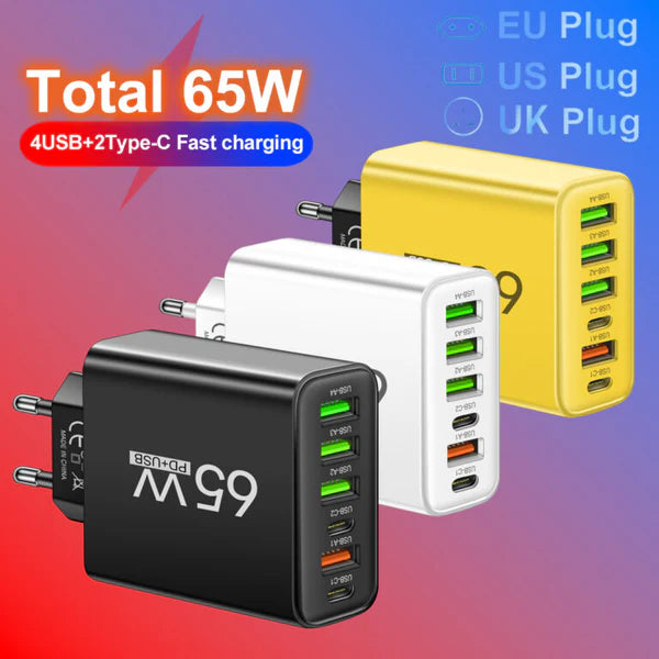 PowerMax 65W 6-in-1 Schnellladegerät – Lade bis zu 6 Geräte gleichzeitig | Ideal für Zuhause, Büro & Reisen