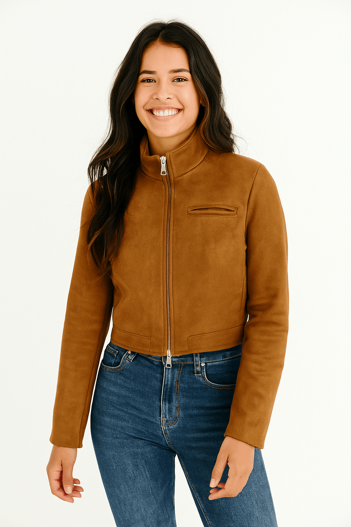 Kurze Damenjacke Aus Wildleder | Stehkragen