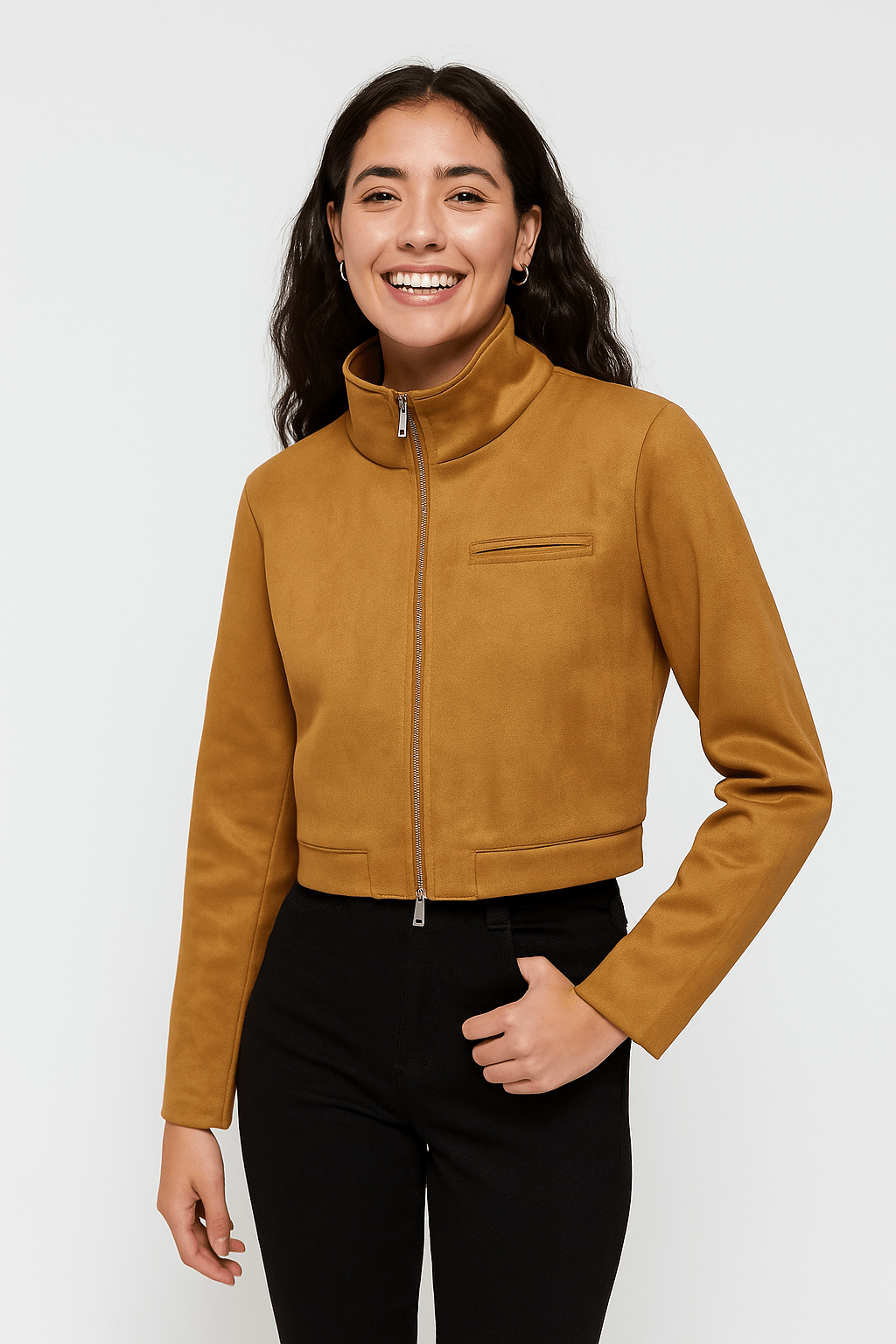 Kurze Damenjacke Aus Wildleder | Stehkragen