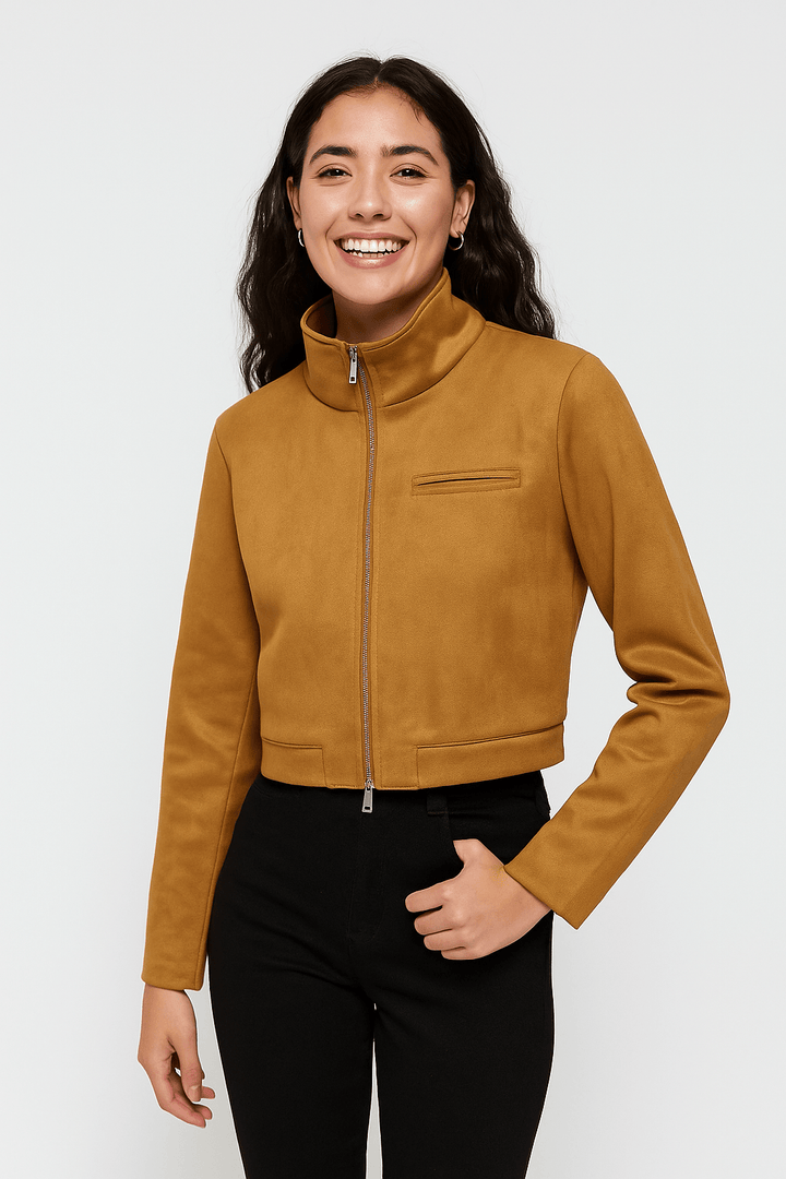 Kurze Damenjacke Aus Wildleder | Stehkragen