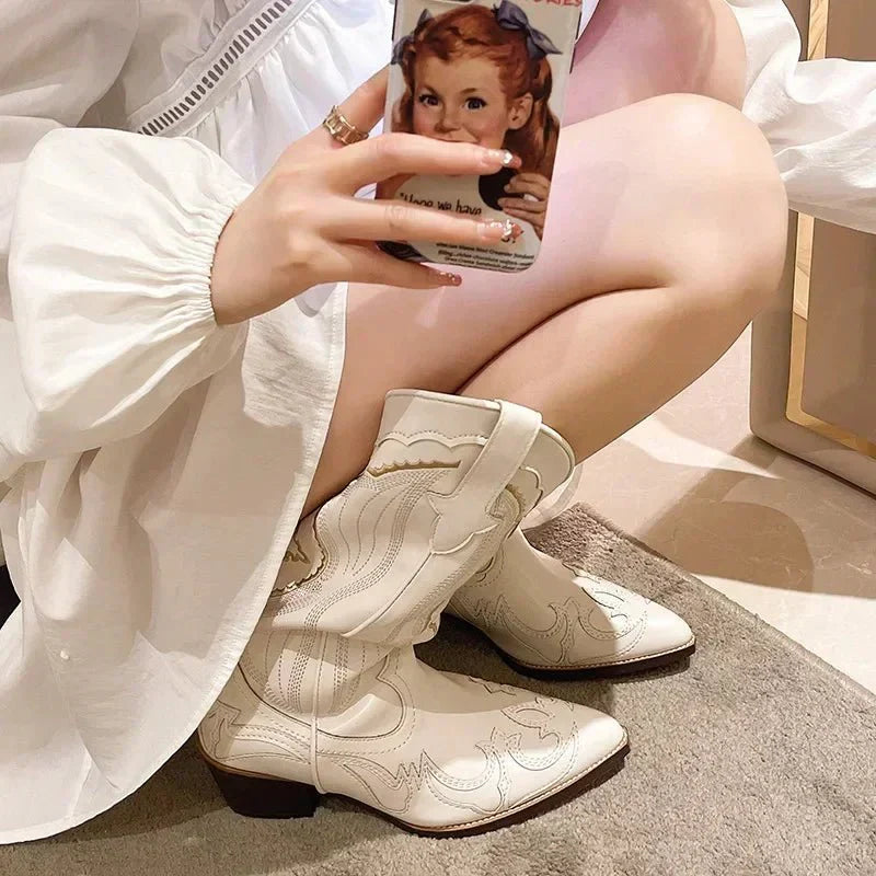 Damen-cowboystiefel Mit Blockabsatz Und Halbhoher Wadenhöhe | Winter