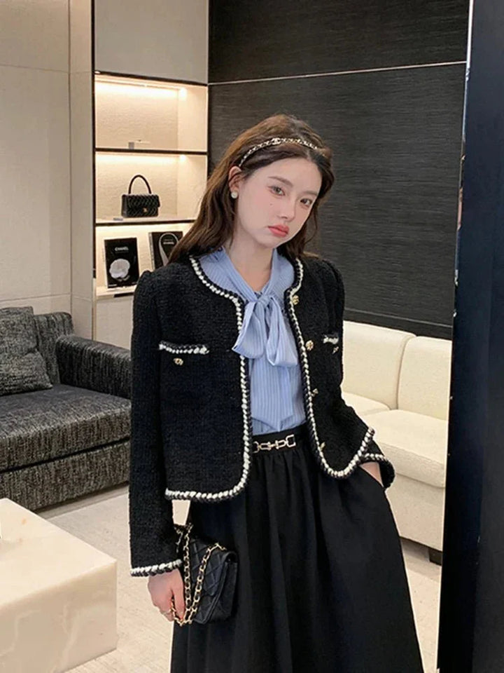 Damen Schwarz-Weiß Tweed Kurzjacke | Winter
