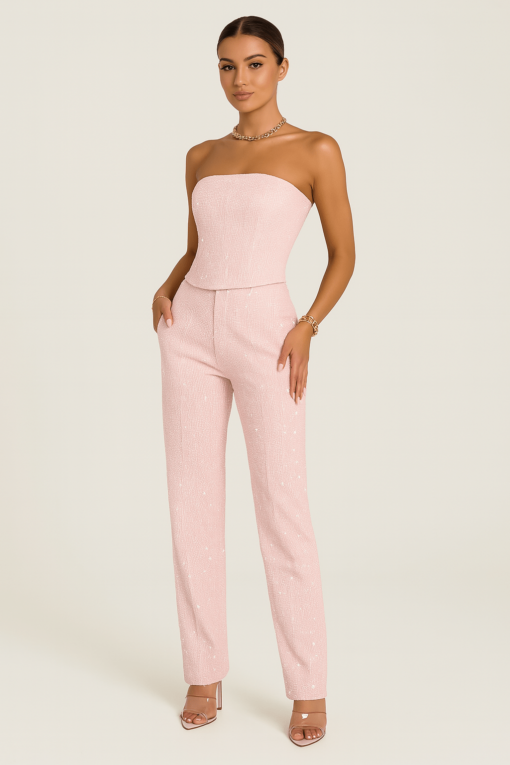 Damen Schulterfreie Pailletten Jumpsuit | Stilvoll