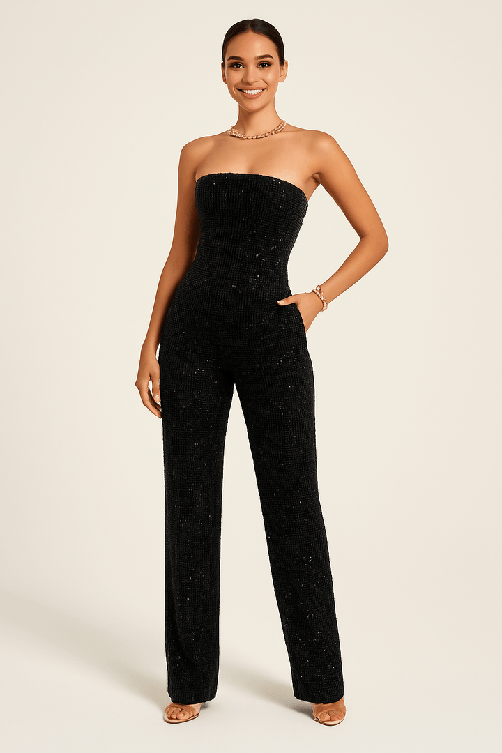Damen Schulterfreie Pailletten Jumpsuit | Stilvoll