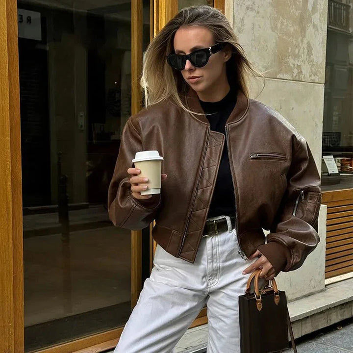 Kurz Geschnittene Lederjacke Für Damen | Langarm