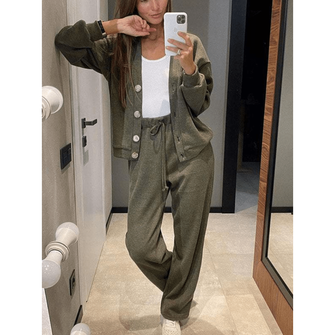 Damen Winter-Set Mit V-Ausschnitt, Strickjacke Und Hose | Vorne Offen
