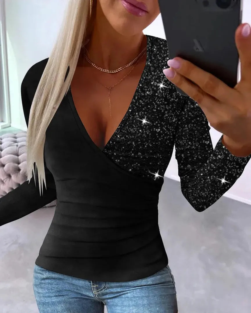 Glitzerndes Shirt Mit V-ausschnitt Für Damen | Langarm