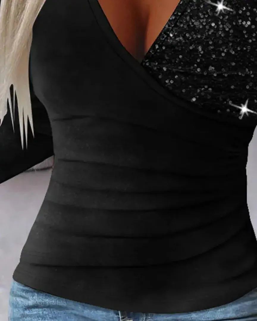 Glitzerndes Shirt Mit V-ausschnitt Für Damen | Langarm