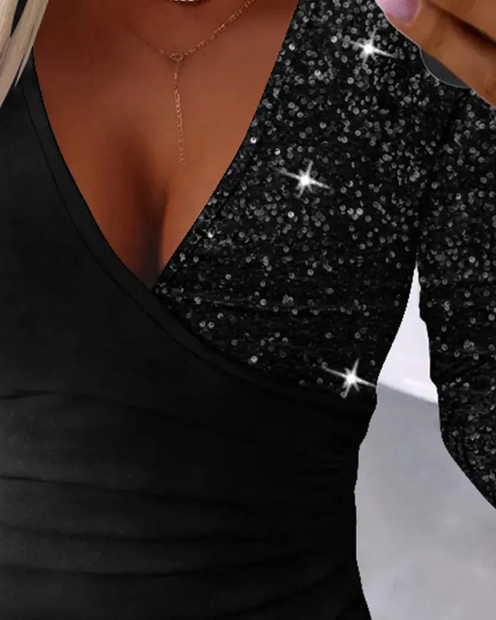 Glitzerndes Shirt Mit V-ausschnitt Für Damen | Langarm