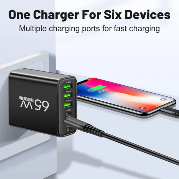 PowerMax 65W 6-in-1 Schnellladegerät – Lade bis zu 6 Geräte gleichzeitig | Ideal für Zuhause, Büro & Reisen