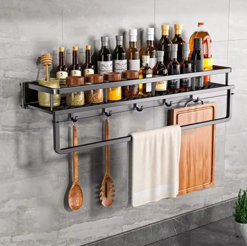 Compact Kitchen Wall Shelf Organizer with Integrated Towel Bar