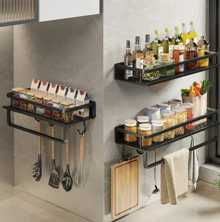 Compact Kitchen Wall Shelf Organizer with Integrated Towel Bar