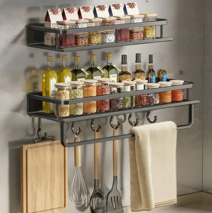 Compact Kitchen Wall Shelf Organizer with Integrated Towel Bar