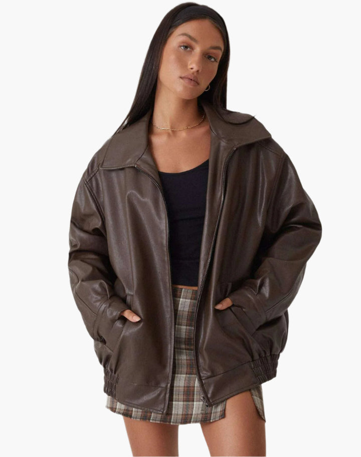 Oversize Lederjacke Mit Reißverschluss Für Damen | Winter